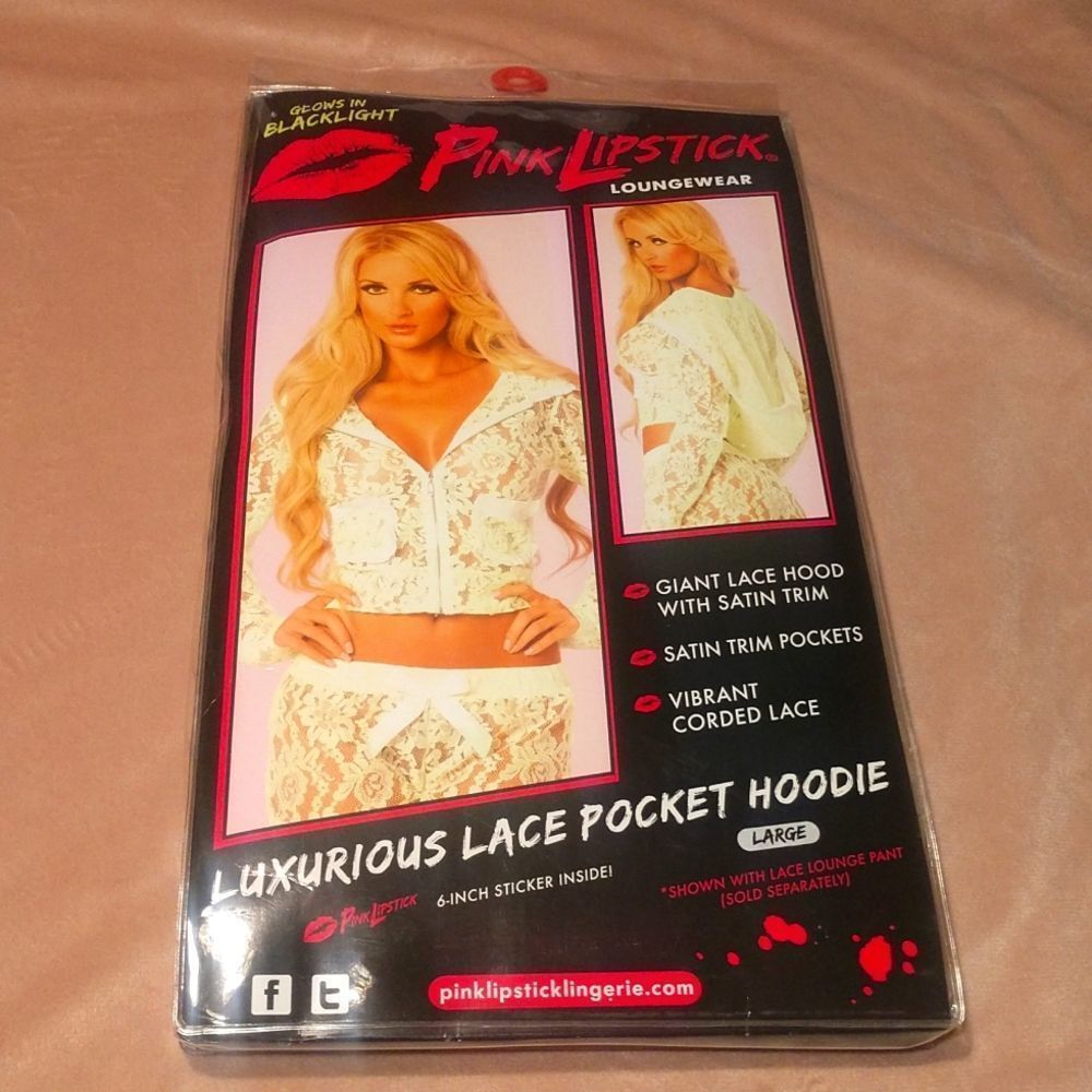 New Pink Lipstick Neon Glow In Blacklight Lace Pocket Hoodie Sz Large